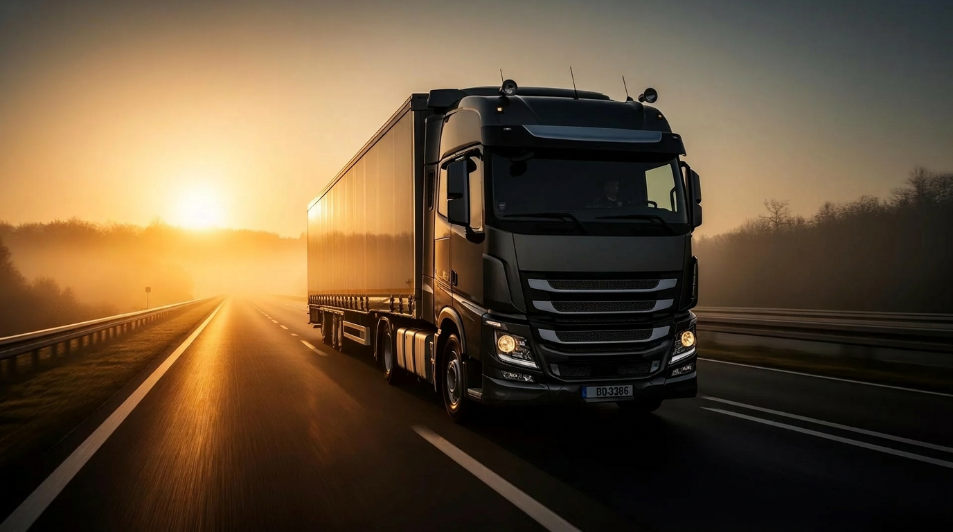 Modern semi-truck on a highway at golden hour
